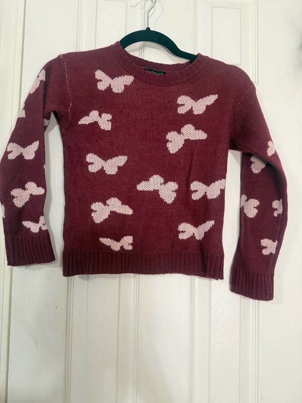 Derek Heart Girl Burgundy Pink Butterfly Pattern Long Sleeve Knit Crew Neck Swea